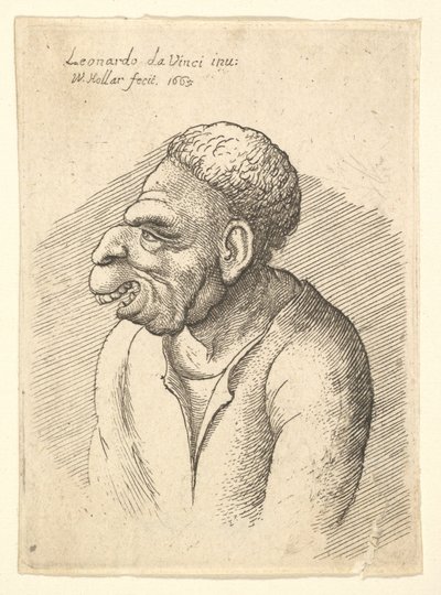 Büste eines Mannes mit Hakennase, hervorstehender Oberlippe, offenem Mund und kurzen lockigen Haaren von Wenceslaus Hollar