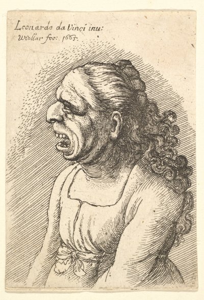 Büste einer Frau mit weit geöffnetem Mund und langen lockigen Haaren, die über ihre Schultern fallen von Wenceslaus Hollar