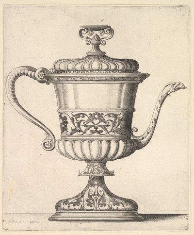 Krug mit Deckel, graviert mit Arabeskenmuster, der schmale Ausguss rechts endet in einer Schlange, 1625-77 von Wenceslaus Hollar