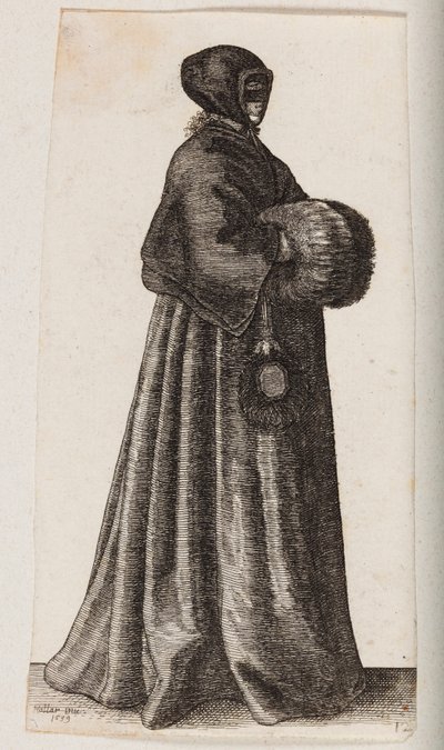 Frau in Schwarz mit Maske, Haube und Muff von Wenceslaus Hollar