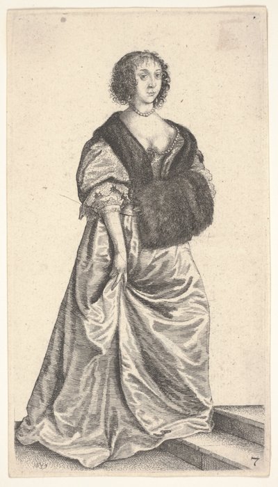 Dame mit Pelzmuff, die auf zwei Stufen steht von Wenceslaus Hollar
