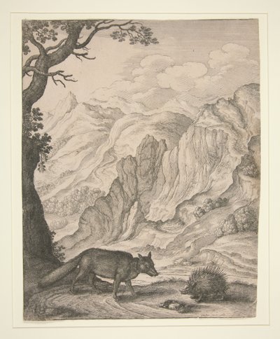 Der Fuchs und das Stachelschwein, aus dem Buch „Aesopica: Oder eine zweite Sammlung von Fabeln, in Versen paraphrasiert, mit Skulpturen geschmückt und mit Anmerkungen von John Ogilby illustriert“ (London: Gedruckt von Thomas Roycroft, 1668) von Wenceslaus Hollar