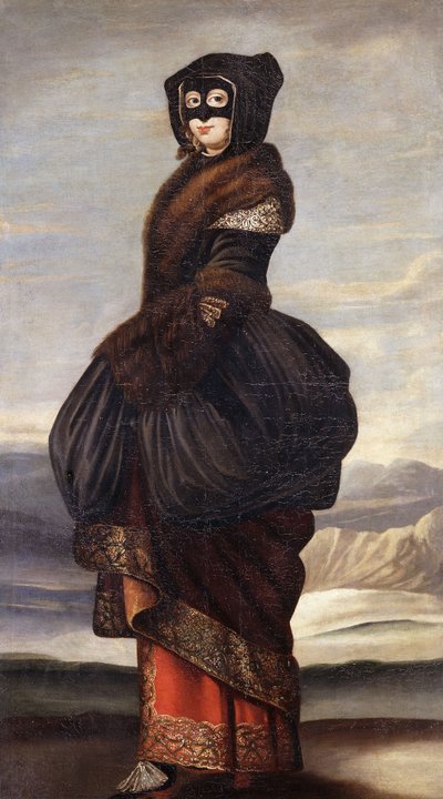 Winter: Eine Dame, ganzfigurig, in exotischem Kostüm, mit Maske, in einer Landschaft von Wenceslaus Hollar