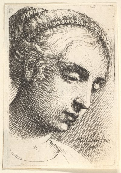 Frau mit Perlenkette im Haar, die nach rechts unten schaut von Wenceslaus Hollar