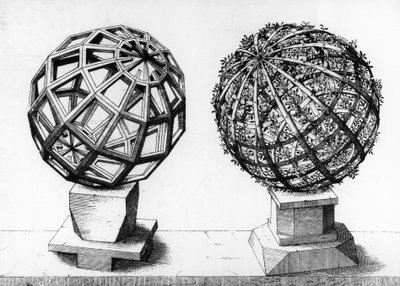 Perspektivische Illustration, zwei Kugeln, Gravur aus Perspectiva Corporum Regularium, von Wentzel Jamnitzer (1508-1585), Nürnberg von Wenzel I Jamnitzer