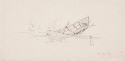 Ruderboot auf einen Baumstamm an Land gezogen von Werner Holmberg