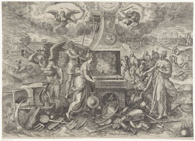 Die Macht des Friedens, 1577 Die Cracht des Peys (Titel auf Objekt) Allegorien auf die erneuerte Friedensperiode in den Niederlanden (Serientitel) von Wierix