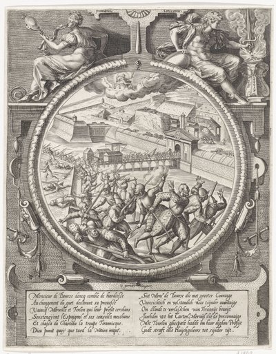 Die Truppen von Bourse vertreiben die deutschen Soldaten von Treslong und Merville aus der Zitadelle, 1577 (Serientitel: Medaillons mit der Eroberung der Zitadelle von Antwerpen 1577) von Wierix