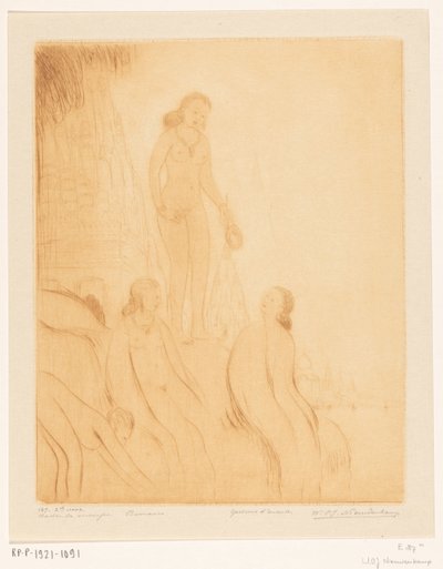 Badende Mädchen am Ufer des Ganges in Benares von Wijnand Otto Jan Nieuwenkamp (signed by artist)