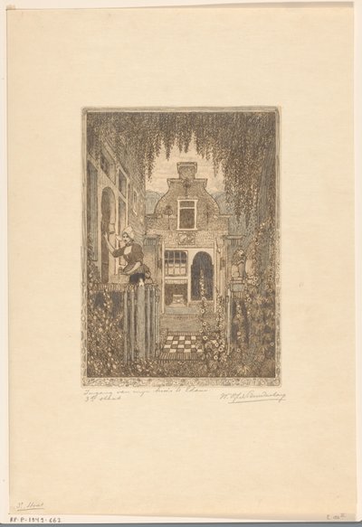 Frau in Tracht, die an eine Haustür in Edam klopft von Wijnand Otto Jan Nieuwenkamp (signed by artist)