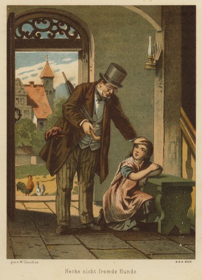 Vater tröstet seine Tochter, nachdem sie die Folgen des Hänselns eines Hundes erlitten hat von Wilhelm Ludwig Heinrich Claudius