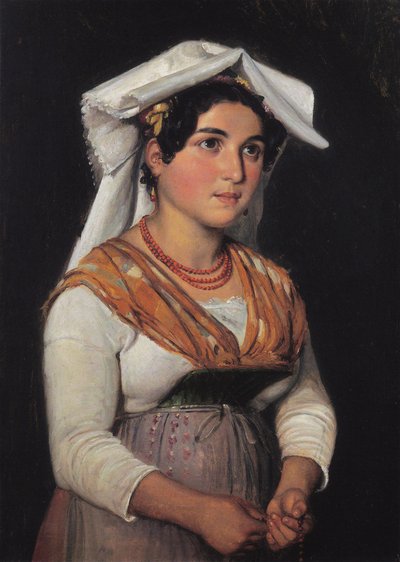 Eine junge, stehende italienische Frau, die einen Rosenkranz hält von Wilhelm Marstrand