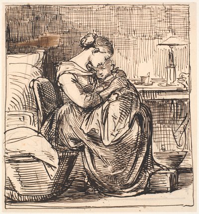 Mutter mit schlafendem Kind auf dem Schoß im Schlafzimmer von Wilhelm Marstrand