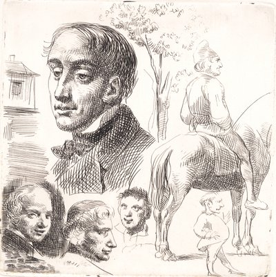 Probeblatt in Stylografie mit Porträtköpfen, einem Bauern zu Pferd und anderem mehr von Wilhelm Marstrand