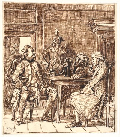 Szene aus Barselsstuen. Corfitz trinkt Rheinwein mit dem Offizier und Jens Olsen von Wilhelm Marstrand