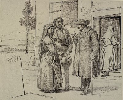 Vor einem Haus ermahnt ein Priester ein junges Ehepaar von Wilhelm Marstrand