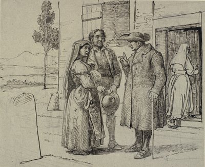Vor einem Haus ermahnt ein Priester ein junges Ehepaar von Wilhelm Marstrand