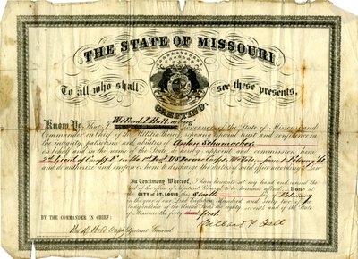 Militärkommission von Anton Schumacher als 2. Leutnant der Kompanie F im 1. Regiment U.S.R.C., Missouri Volunteers, 6. Februar 1862 von Willard P. Hall