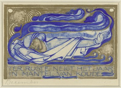 Das Jahr neigt sich dem Ende in einem Mantel der Kälte, Dezember (Titel auf dem Objekt)
Entwurf Kalenderblatt für den Nederlandsch Kunstverbond Kalender 1930 (Serientitel) von Willem Arondéus