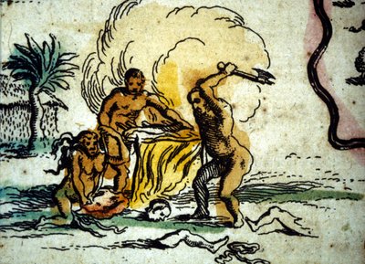 Brasilien. Kannibalen, die einen Mann mit einer Axt darstellen. Detail einer Karte des Atlas von W. Blaeu von Willem Blaeu