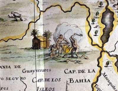 Brasilien. Kannibalen, die einen Mann mit einer Axt darstellen. Detail einer Karte aus dem Atlas von W. Blaeu von Willem Blaeu