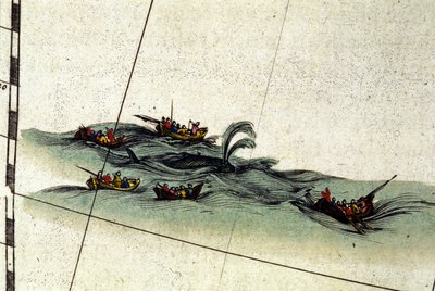 Bretonische Fischer jagen den Wal mit der Handharpune. Detail aus William Blaeus Atlas, gedruckt in Amsterdam 1665 von Willem Blaeu