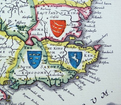 Schilde von Sussex, Kent und Essex aus der Heptarchie; ein Sammelname für die angelsächsischen Königreiche Süd-, Ost- und Mittelenglands in der Spätantike und im frühen Mittelalter von Willem Blaeu