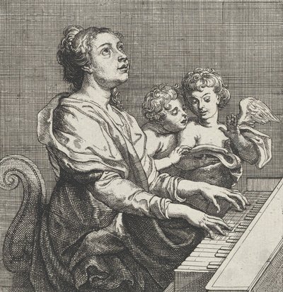 Heilige Cäcilia spielt die Orgel mit zwei Putti rechts, ca. 1631 von Willem Panneels