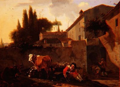 Ein Hirte und Vieh im Hof eines italienischen Bauernhofs von Willem Romeyn