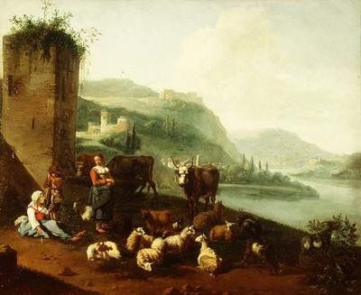 Eine italienische Landschaft mit Bauern, Vieh, Schafen und Ziegen bei einem Brunnen von Willem Romeyn