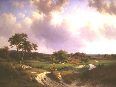 Weitläufige Landschaft mit einem Bauernhof und Bauern auf einem Pfad von Willem Vester