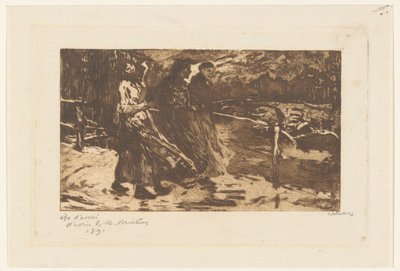 Drei Frauen auf einer Brücke bei Regen und Wind von Willem Witsen (signed by artist)