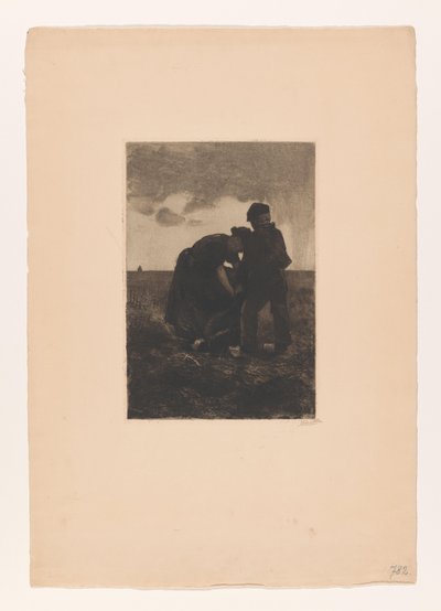 Frau und Junge in Holzschuhen mit einem Jutesack auf dem Feld (Aardappeloogst) von Willem Arnoldus Witsen