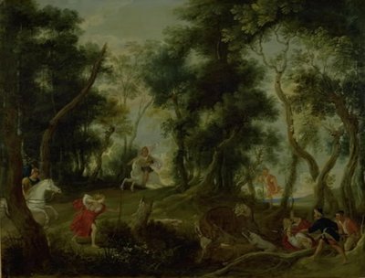Landschaft mit Atalanta und Meleager auf der Jagd nach dem kalydonischen Eber von Willem van Herp