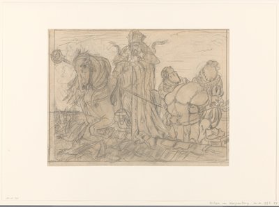 Sinterklaas mit zwei Pieten auf einem Dach von Willem van Konijnenburg