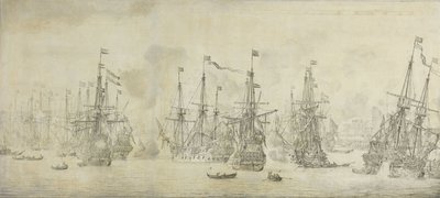 Der gescheiterte Angriff der Engländer auf die Rückflotte im Hafen von Bergen, Norwegen, 12. August 1665: eine Episode aus dem Zweiten Englisch-Niederländischen Krieg von Willem van de Velde (I)