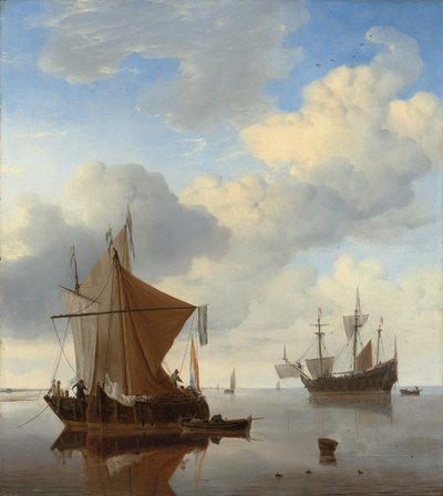 Eine ruhige See - ein Smalschip und eine Kaag vor Anker mit einem englischen Kriegsschiff im Hintergrund von Willem van de Velde