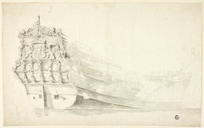 Niederländisches Schiff mit verziertem Bug von der Steuerbordseite gesehen von Willem van de Velde I