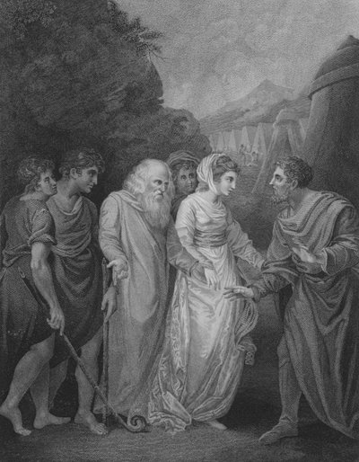Moses trifft seine Frau und Söhne, Exodus 18, Vers 5-8 (Gravur) von William (after) Artaud
