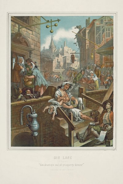 Chromolithographie von William Hogarths Gin Lane von William (after) Hogarth