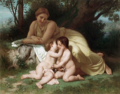 Junge Frau betrachtet zwei umarmende Kinder von William-Adolphe Bouguereau