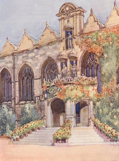 Eingang zur Oriel College Hall, mit Statuen der Jungfrau und des Kindes, Edward II., dem nominalen Gründer des Colleges, und Charles I., in dessen Regierungszeit die Halle gebaut wurde von William Ainsworth Wildman
