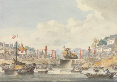 Barken der Botschaft werden von einem Kanal zum anderen gehoben auf ihrem Weg von Han-Tcheou-Foo nach Tchu-San, 16. November 1793 von William Alexander