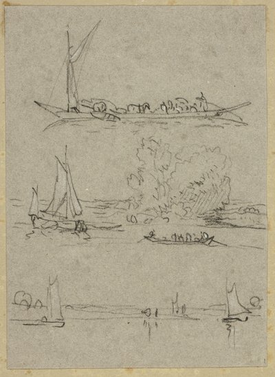 Drei Skizzen von Düsseldorfer Flussbooten von William Alfred Delamotte