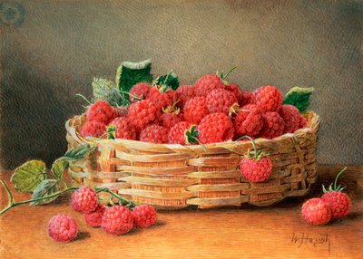 Stillleben mit Himbeeren in einem Weidenkorb von William B. Hough