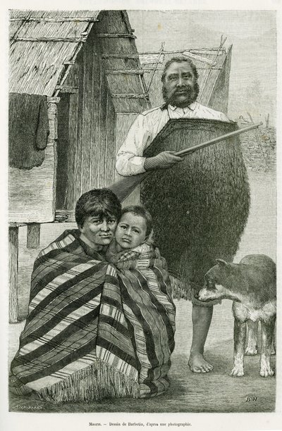 Drei Generationen von Maori. Gravur von Barbotin, zur Illustration der Geschichte Voyage a la Nouvelle Zelande, 1889, von G.Verschuur, in le tour du monde 1890, herausgegeben von Edouard Charton (1807-1890), Hachette, Paris. von William Barbotin