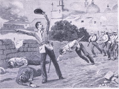 Eroberung der Charbagu-Brücke, Lucknow, 25. September 1857, Illustration aus British Battles on Land and Sea, 1915 von William Barnes Wollen