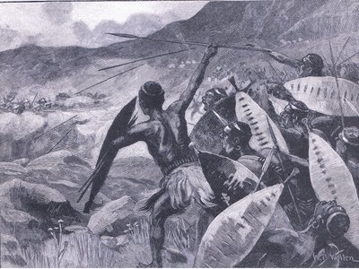 Kämpfe in den Matoppo-Hügeln: Angriff der Matabele, Illustration aus Cassells Geschichte Englands, 1900er Jahre von William Barnes Wollen