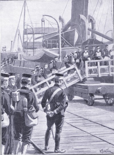 Japanische Truppen gehen in Kobe an Bord, Illustration aus Cassells Geschichte des Russisch-Japanischen Krieges Band 1, ca. 1900 von William Barnes Wollen