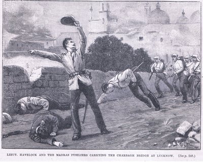 Leutnant Havelock und die Madras-Füsiliere erobern die Charbagh-Brücke in Lucknow 1857 n. Chr. von William Barnes Wollen
